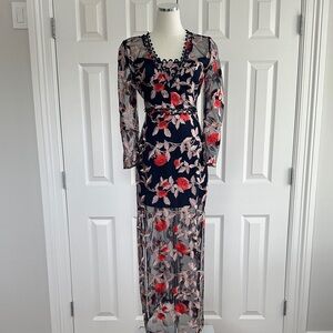 Finders Navy Red Mesh Sheer Floral Embroidered Overlay Wedding Guest Dress SizeS